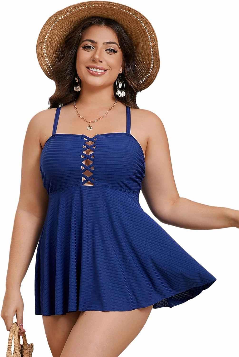 OYOANGLE Women's Plus Size 2 Piece Tankini Swimsuits Flowy Tummy Control Bathing Suits Swim Dress with Bikini Bottoms