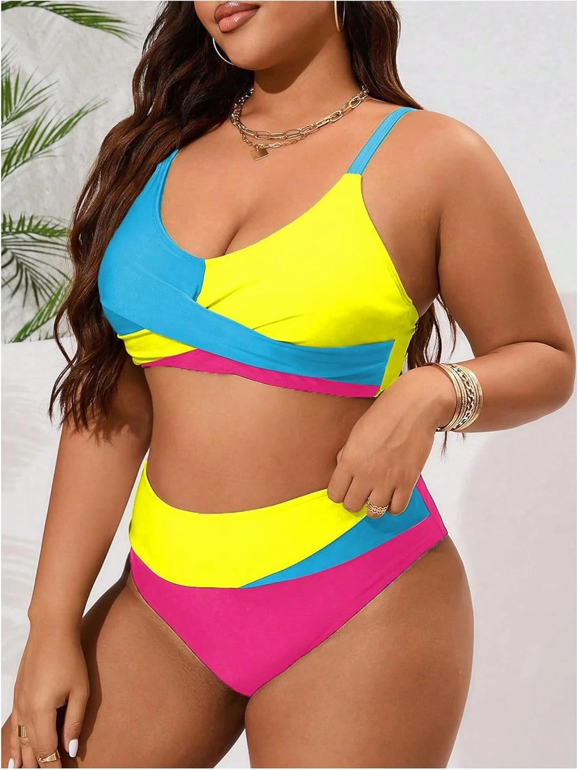OYOANGLE Women's Plus Size Color Block Bikini Sets High Waisted Swimsuit Two Piece Push Up Bathing Suits