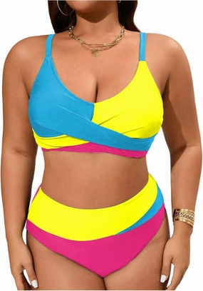 OYOANGLE Women's Plus Size Color Block Bikini Sets High Waisted Swimsuit Two Piece Push Up Bathing Suits