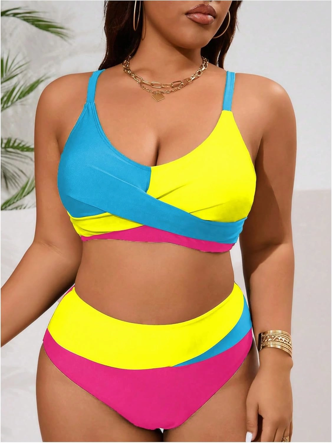 OYOANGLE Women's Plus Size Color Block Bikini Sets High Waisted Swimsuit Two Piece Push Up Bathing Suits