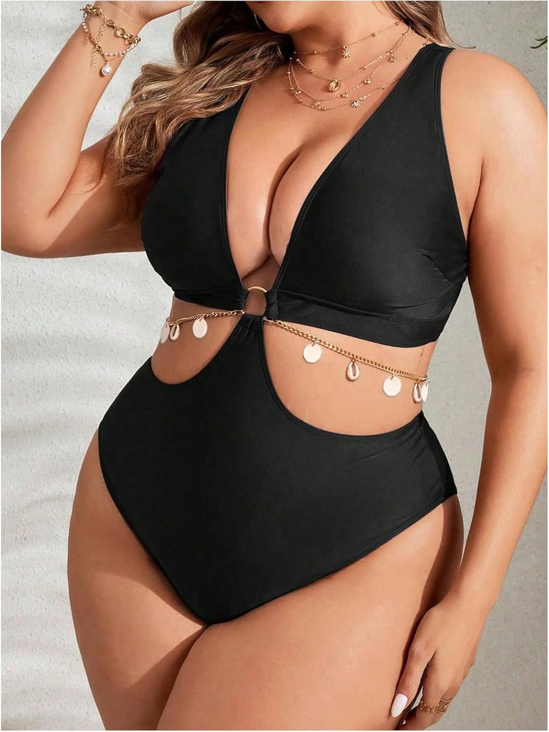 OYOANGLE Women's Plus Size Ring Linked Cut Out One Piece Swimsuit Deep V Neck Bathing Suits Beachwear