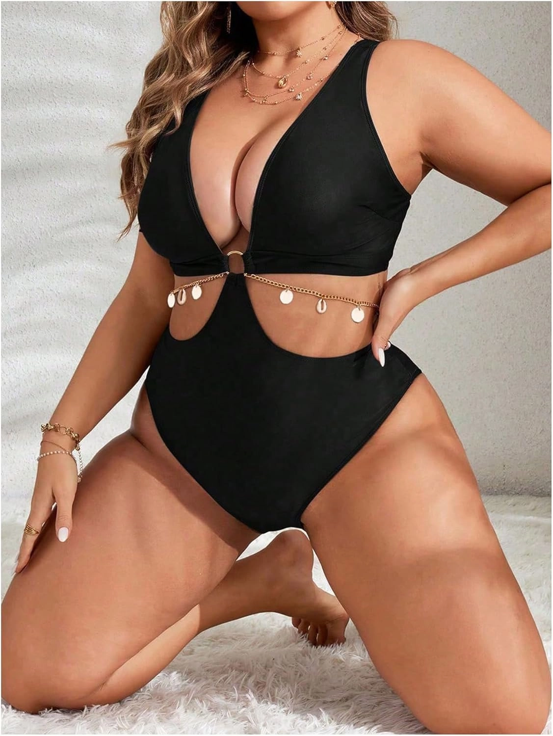 OYOANGLE Women's Plus Size Ring Linked Cut Out One Piece Swimsuit Deep V Neck Bathing Suits Beachwear