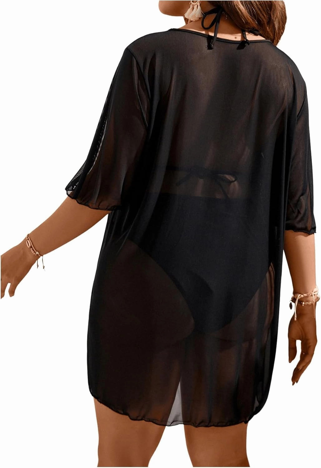 OYOANGLE Women's Plus Size Sheer Mesh Split Thigh Beach Cover Up Dress Bathing Suit Swimwear