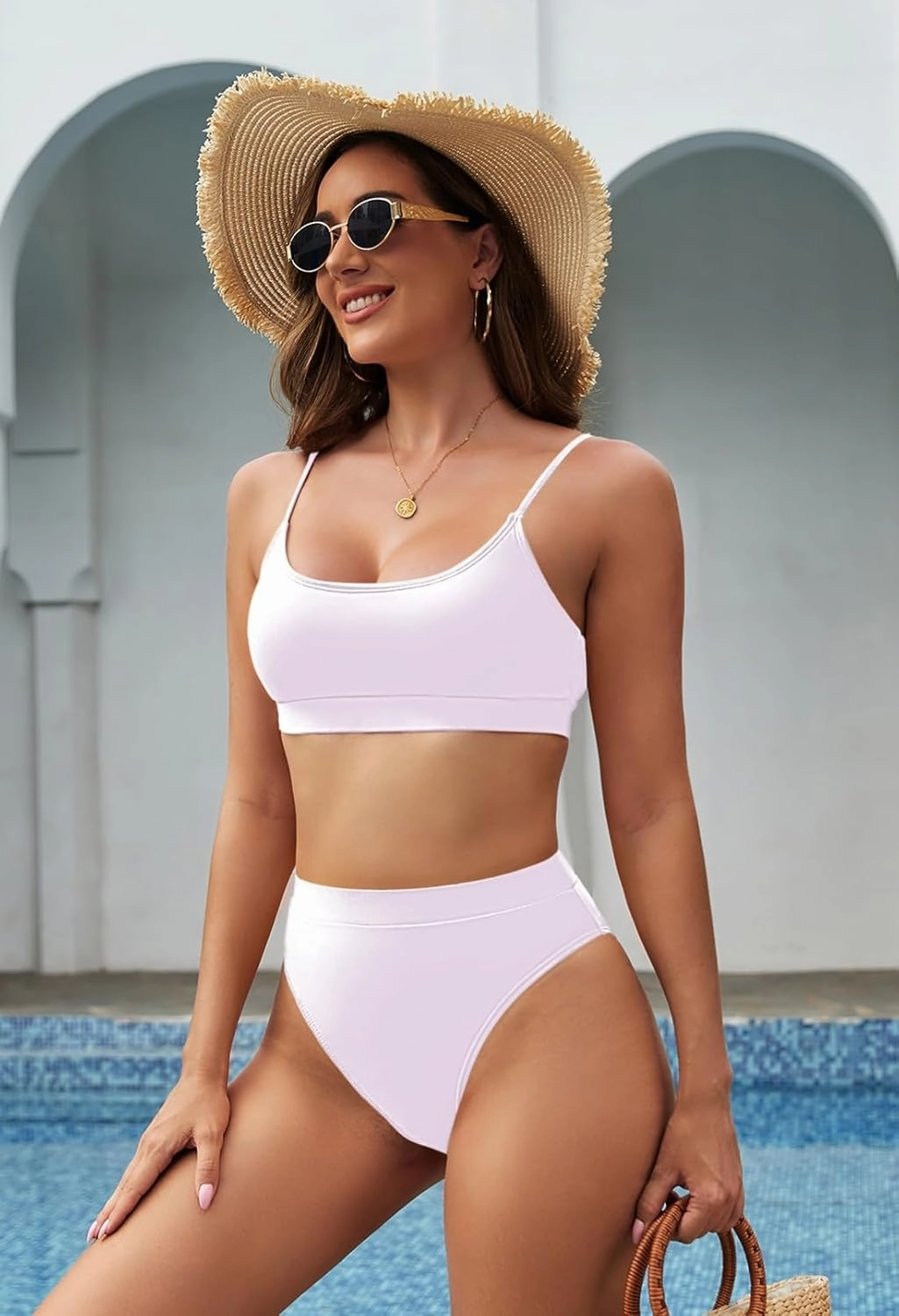 Pink Queen Plus Size High Waisted Bikini Set for Women Two Piece Cheeky High Cut Swimsuit Bathing Suit White M