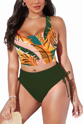 Pink Queen Women's Scoop Neck Racerback Ruched Crop Top High Waisted Bikini Sets 2 Piece Swimsuit Bathing Suit