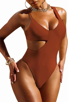 Pink Queen Women's Sexy One Piece Swimsuit Scoop Neck Cutout Waist Tummy Control Bathing Suit Swimwear