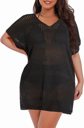 Pinup Fashion Plus Size Crochet Cover Ups Women Short Sleeve Split Swimsuit Coverups