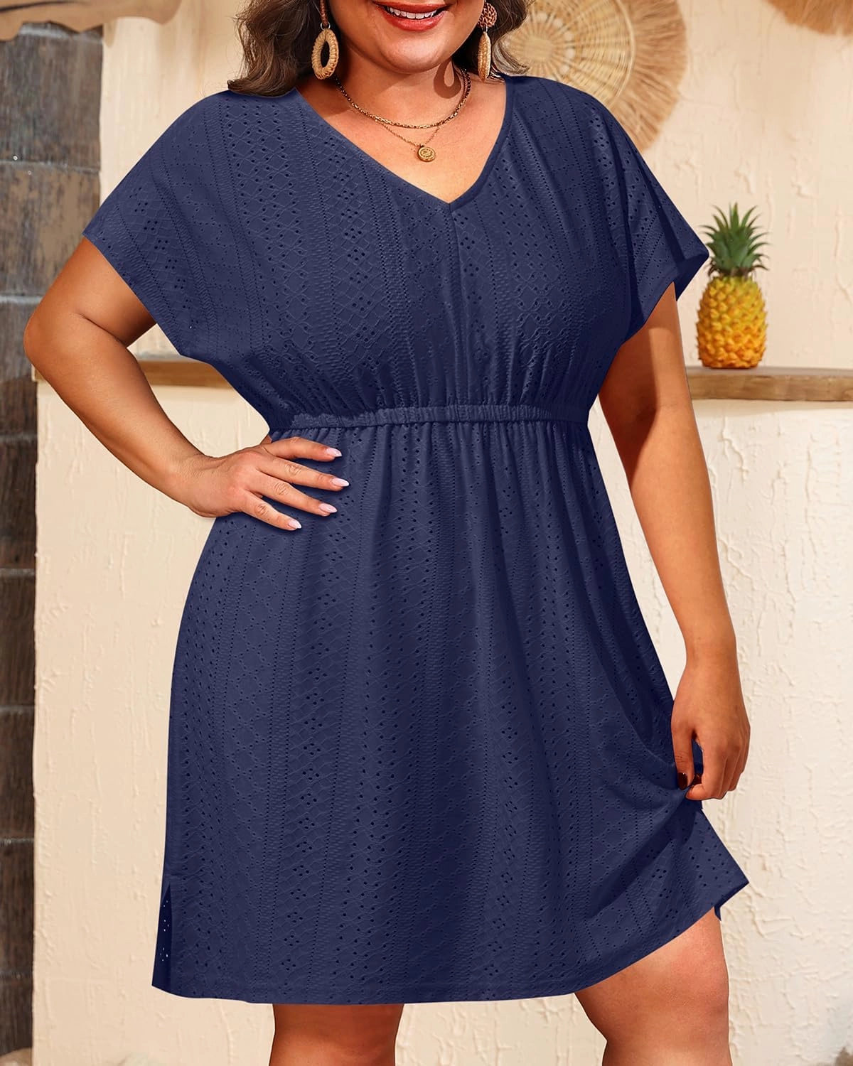 Pinup Fashion Plus Size Swimsuit Cover Up Women - Hollow Out V Neck Beach Dress Coverups