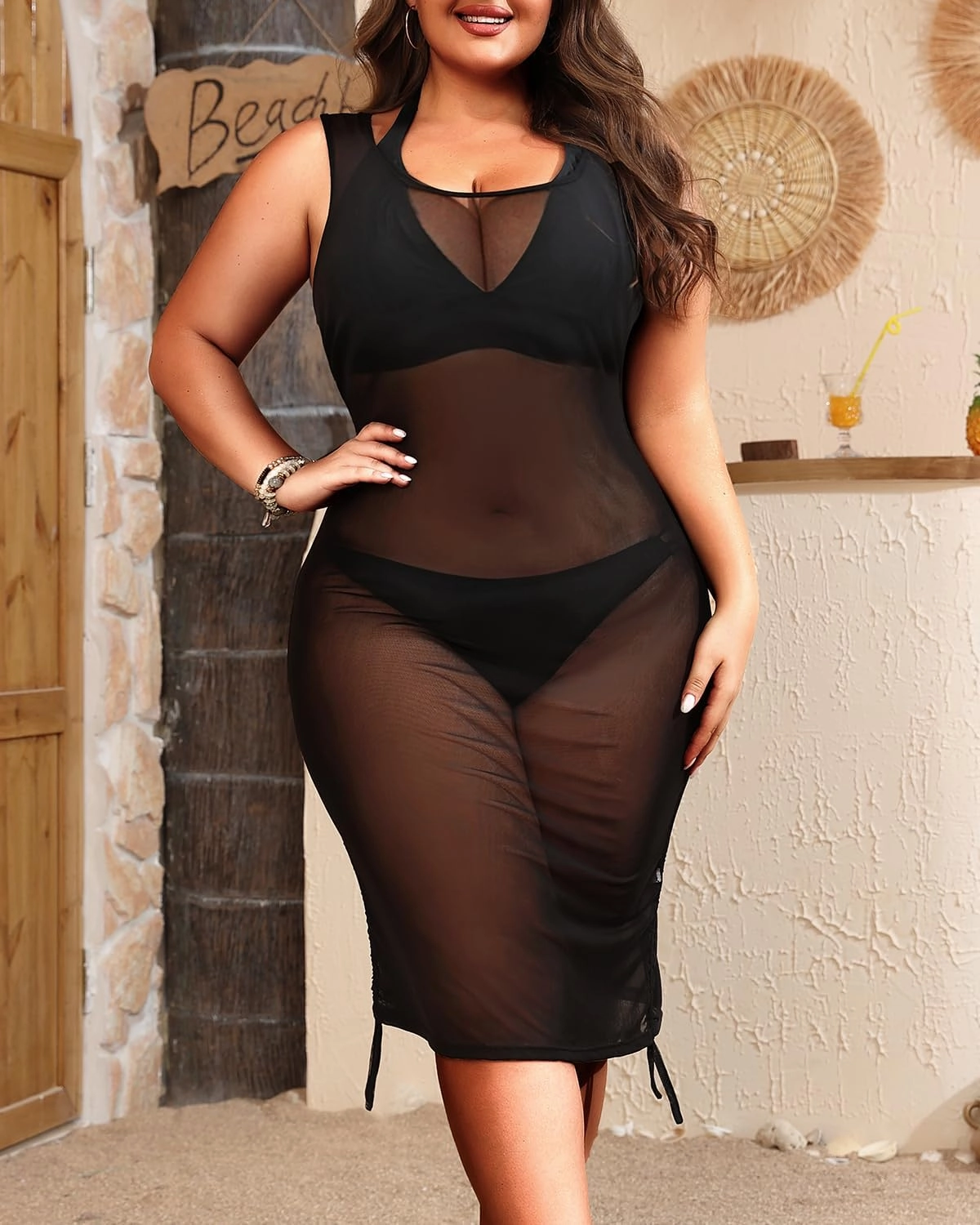 Pinup Fashion Plus Size Swimsuit Cover Ups Women Sexy Sheer See Through Mesh Mini Dress