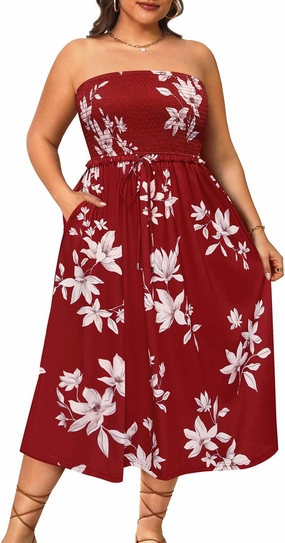 Pinup Fashion Plus Size Swimsuit Cover Ups Women Strapless Midi Sundress with Pockets