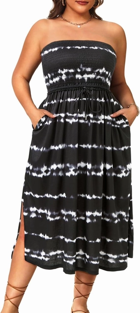 Pinup Fashion Plus Size Swimsuit Cover Ups Women Strapless Midi Sundress with Pockets