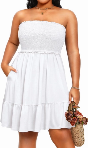 Pinup Fashion Plus Size Swimsuit Cover Ups Women Strapless Ruffle Beach Dress with Pockets