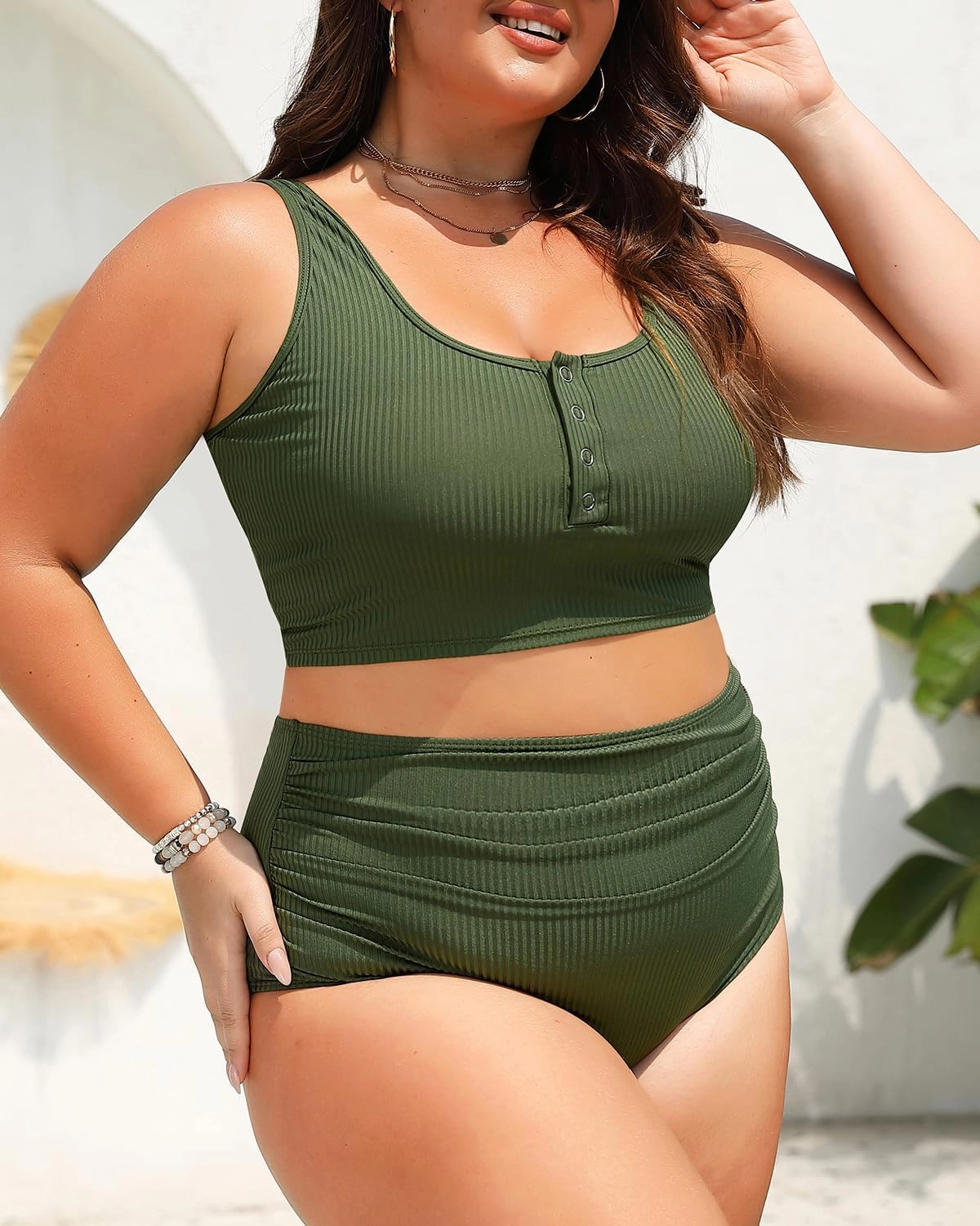 Plus Size 2 Piece Swimsuit - Womens High Waisted Bikini Tummy Control Bathing Suit Ribbed 2025 Swimwear