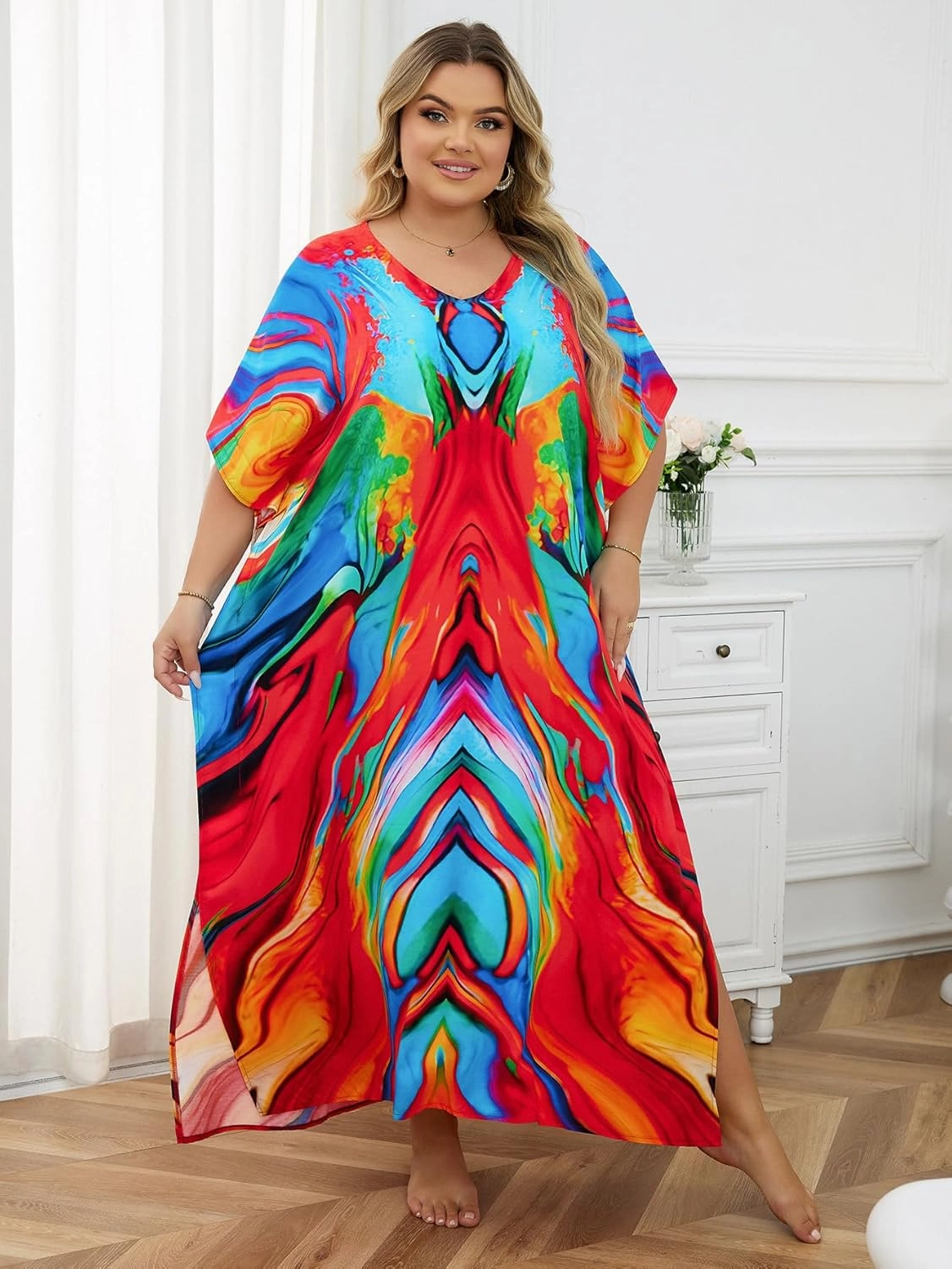 Plus Size Beach Kaftan Dresses for Women Print V-Neck Long Swimsuit Cover Ups