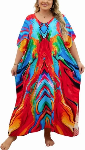 Plus Size Beach Kaftan Dresses for Women Print V-Neck Long Swimsuit Cover Ups