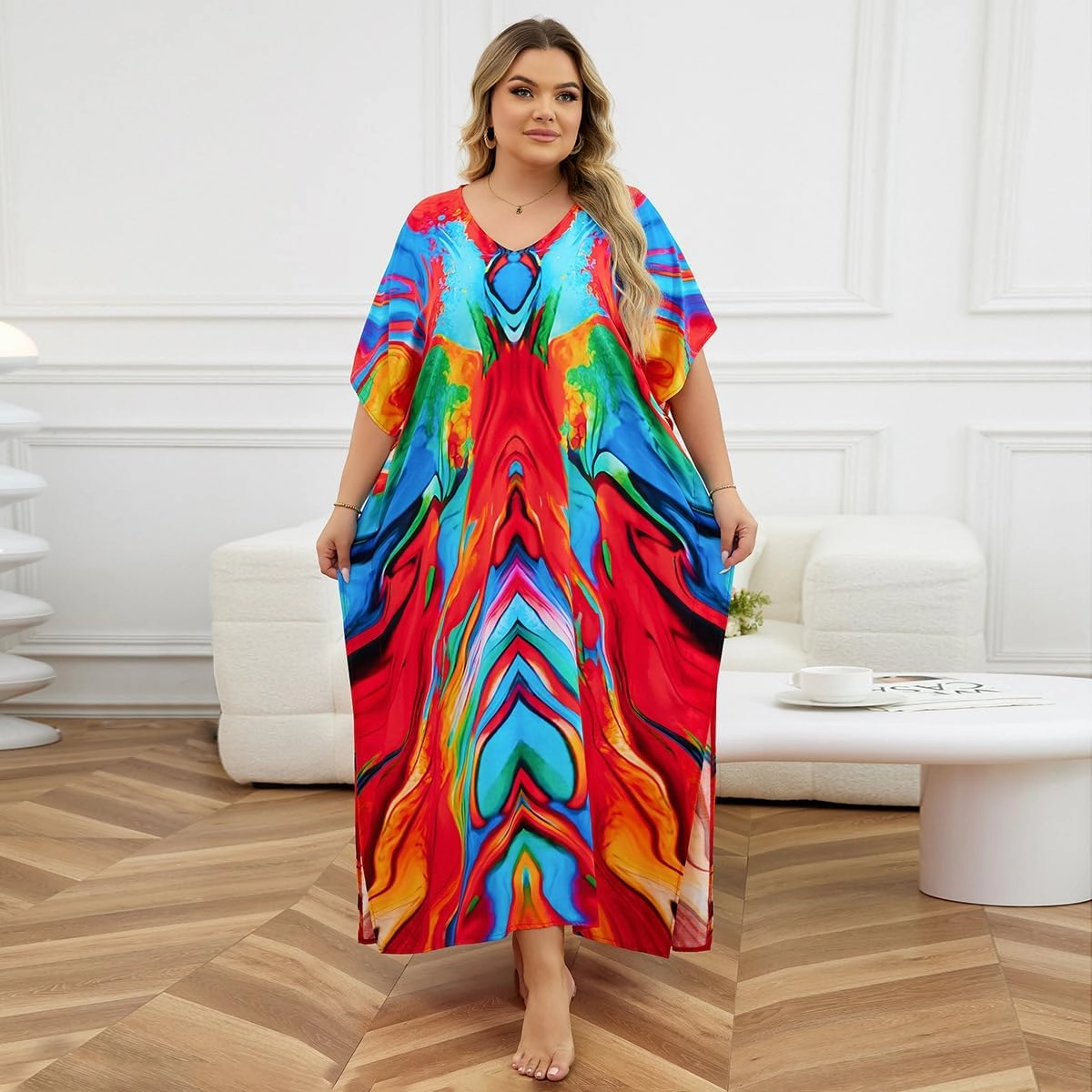 Plus Size Beach Kaftan Dresses for Women Print V-Neck Long Swimsuit Cover Ups