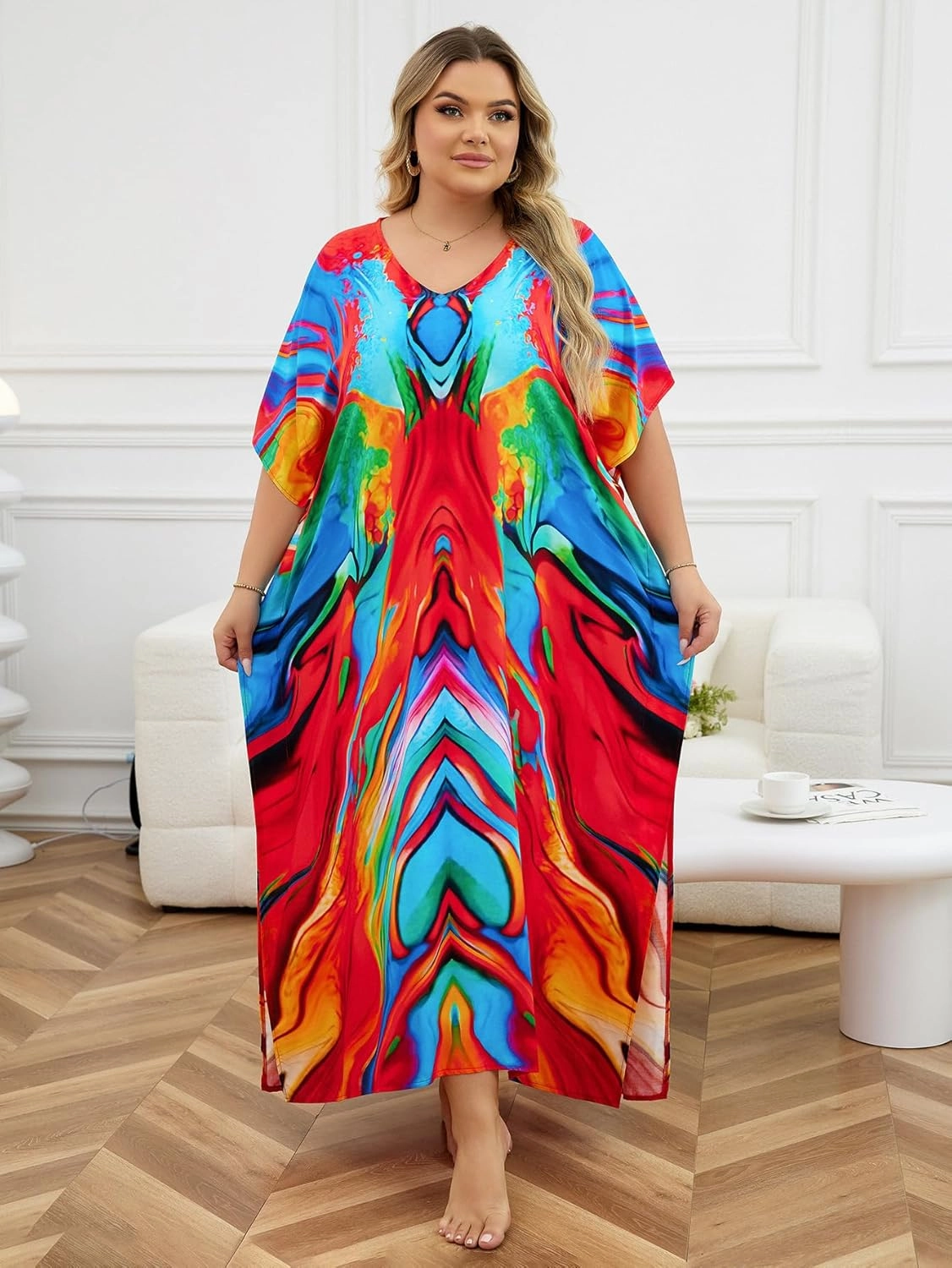 Plus Size Beach Kaftan Dresses for Women Print V-Neck Long Swimsuit Cover Ups