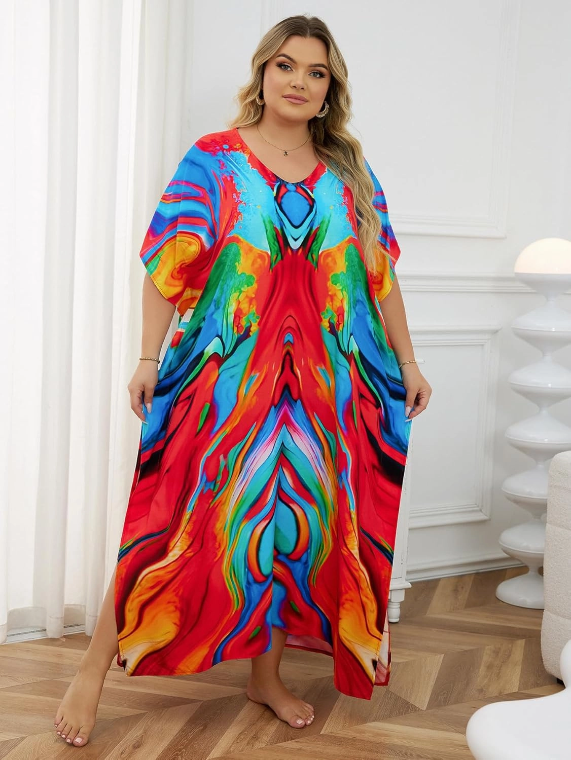 Plus Size Beach Kaftan Dresses for Women Print V-Neck Long Swimsuit Cover Ups