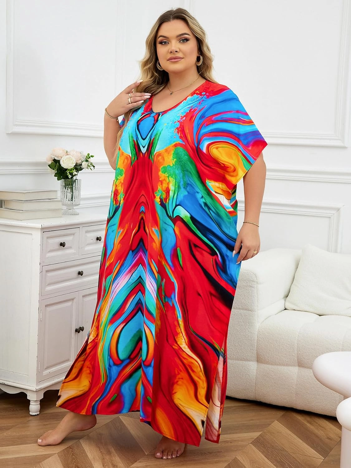 Plus Size Beach Kaftan Dresses for Women Print V-Neck Long Swimsuit Cover Ups