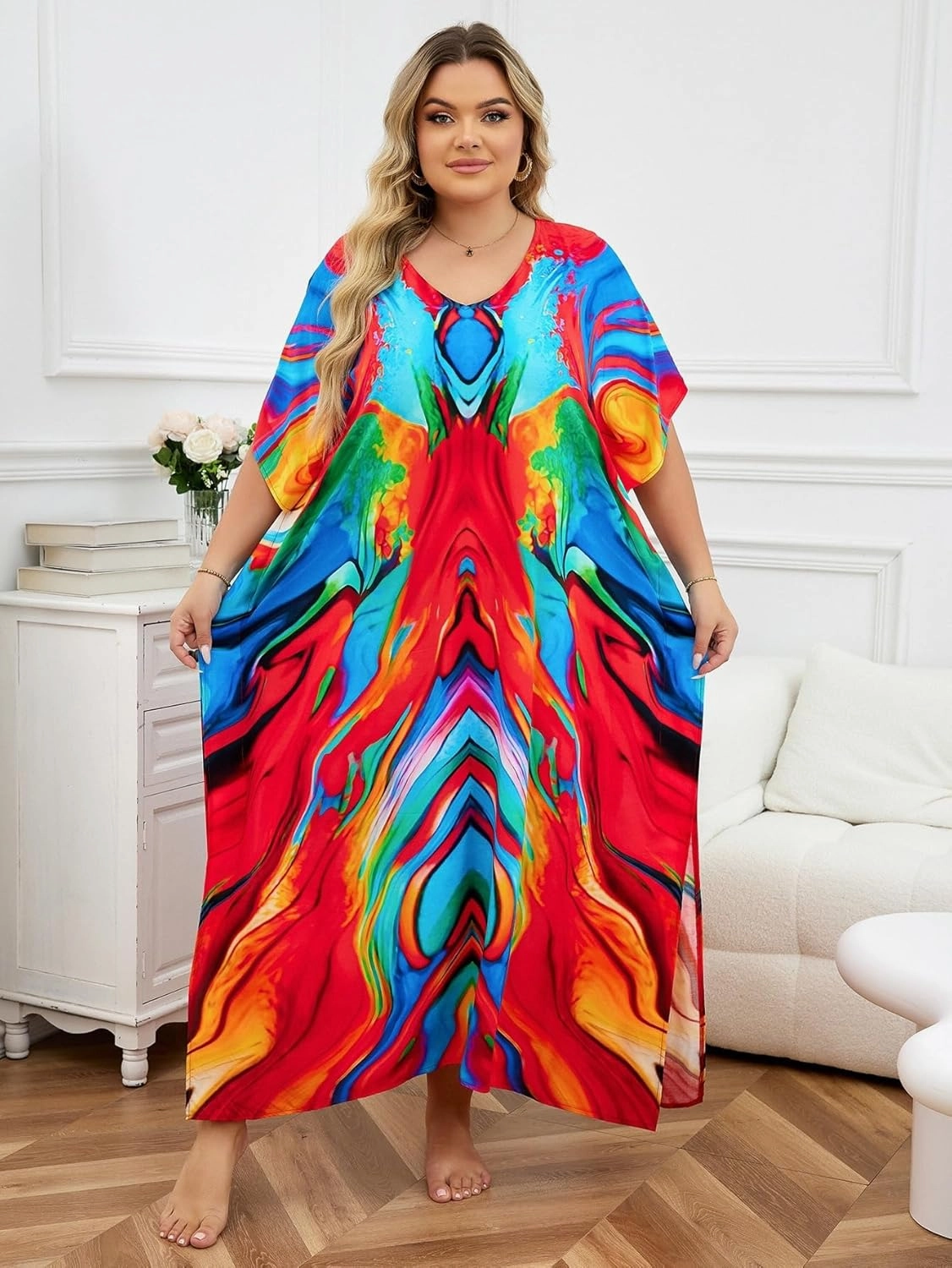 Plus Size Beach Kaftan Dresses for Women Print V-Neck Long Swimsuit Cover Ups