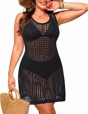 Plus Size Cover Up Swimsuit for Women Crochet Sleeveless Beach Coverups Swimwear Hollow Out Bathing Suits Beach Dress