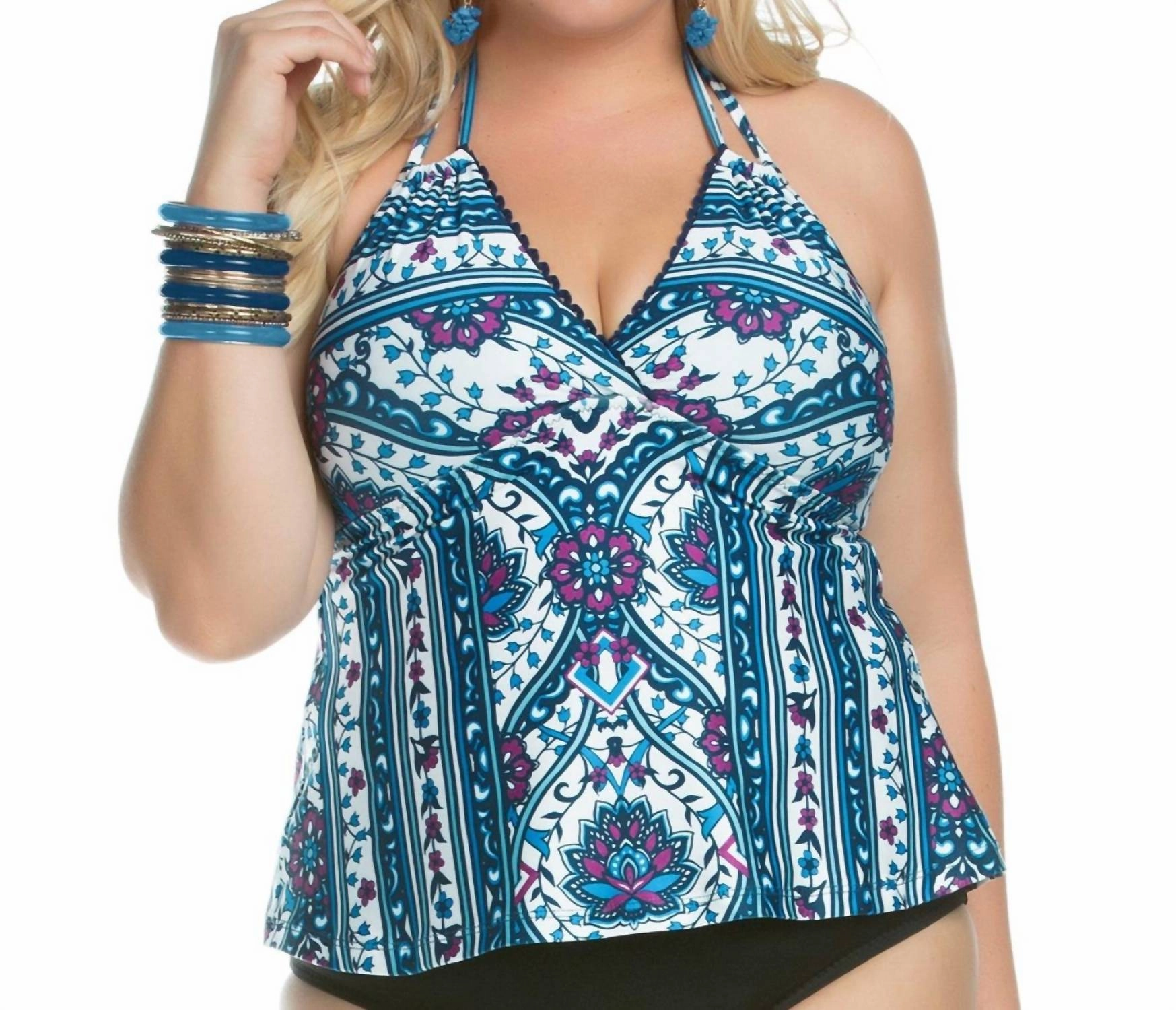 Plus Size Inspired Halter Tankini Top In Blue