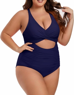 Plus Size One Piece Swimsuit for Women Tummy Control Bathing Suit Cutout High Waisted Tie Back 1 Piece Swim Suit