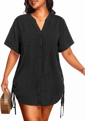 Plus Size Swimsuit Cover Up - Beach Bathing Suit Coverup Button Down Swiss Dot Shirt