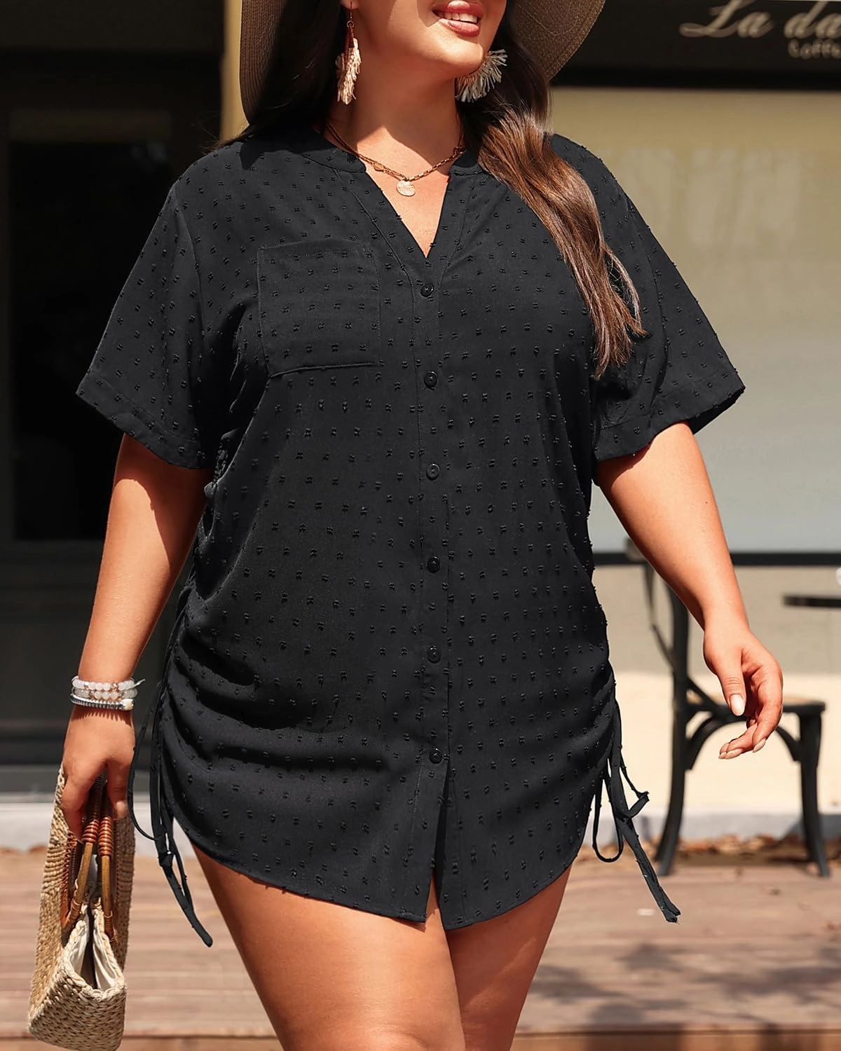Plus Size Swimsuit Cover Up - Beach Bathing Suit Coverup Button Down Swiss Dot Shirt