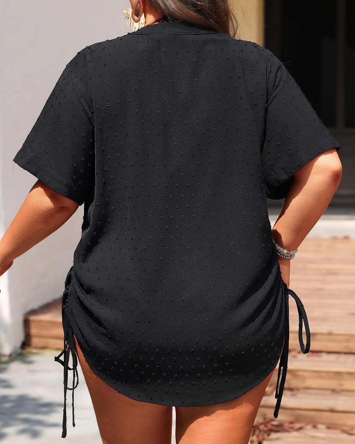 Plus Size Swimsuit Cover Up - Beach Bathing Suit Coverup Button Down Swiss Dot Shirt