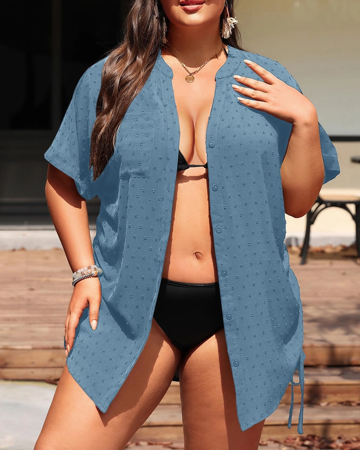 Plus Size Swimsuit Cover Up - Beach Bathing Suit Coverup Button Down Swiss Dot Shirt