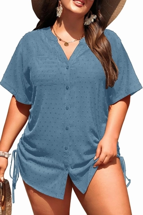 Plus Size Swimsuit Cover Up - Beach Bathing Suit Coverup Button Down Swiss Dot Shirt