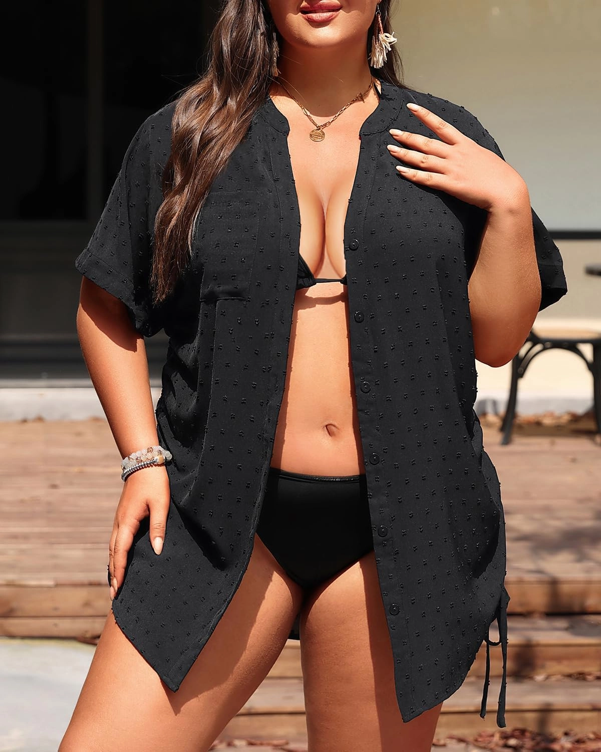 Plus Size Swimsuit Cover Up - Beach Bathing Suit Coverup Button Down Swiss Dot Shirt
