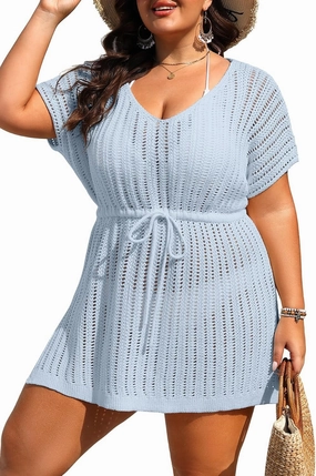 Plus Size Swimsuit Cover Up Women - Crochet Beach Romper Knit Bathing Suit Short Sleeve V Neck Swimwear Coverup Dress