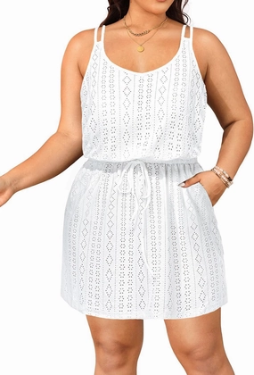 Plus Size Swimsuit Cover Ups - Women Hollow Out Spaghetti Strap Beach Coverup Dress with Pockets