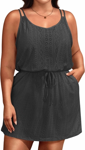 Plus Size Swimsuit Cover Ups - Women Hollow Out Spaghetti Strap Beach Coverup Dress with Pockets