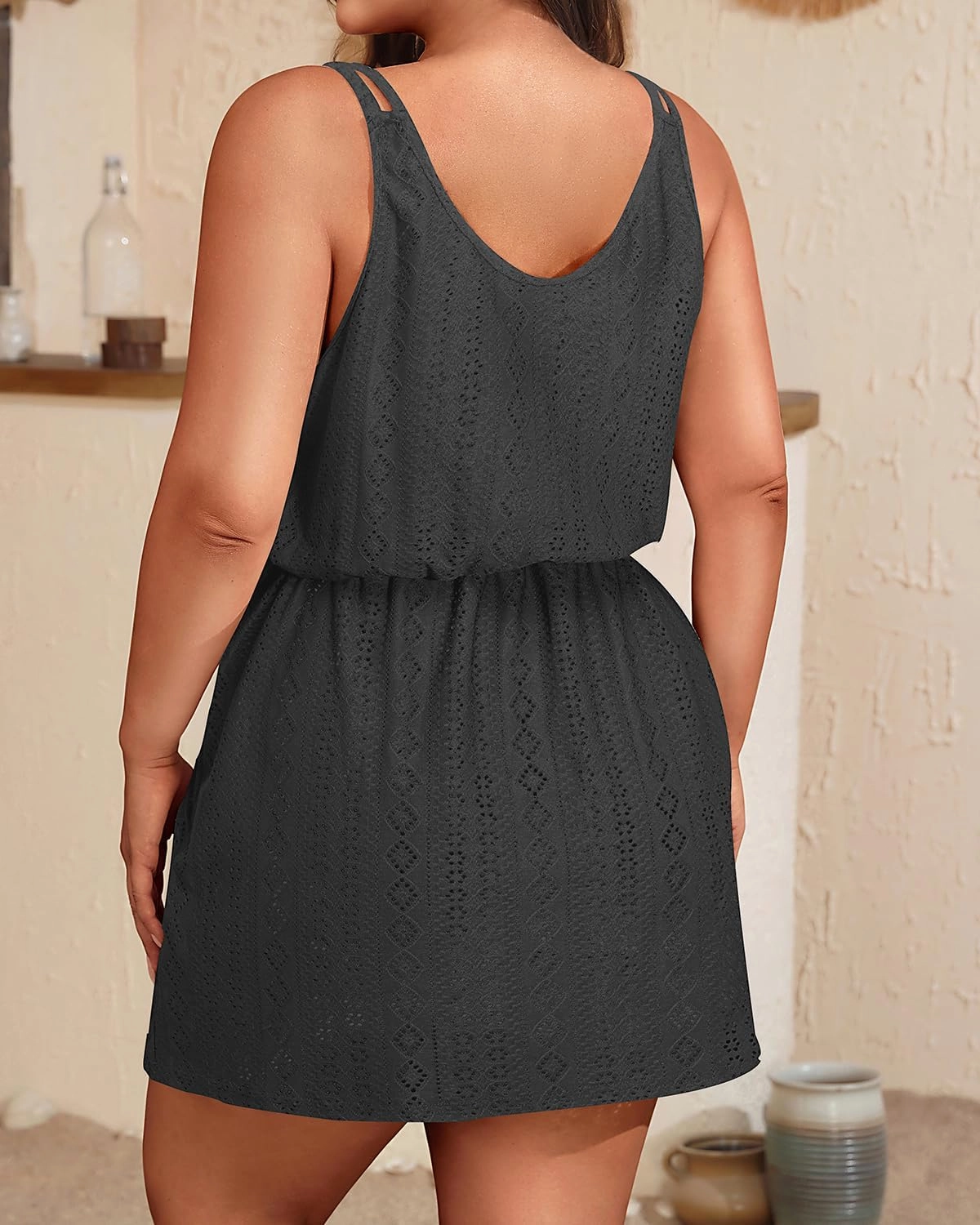 Plus Size Swimsuit Cover Ups - Women Hollow Out Spaghetti Strap Beach Coverup Dress with Pockets