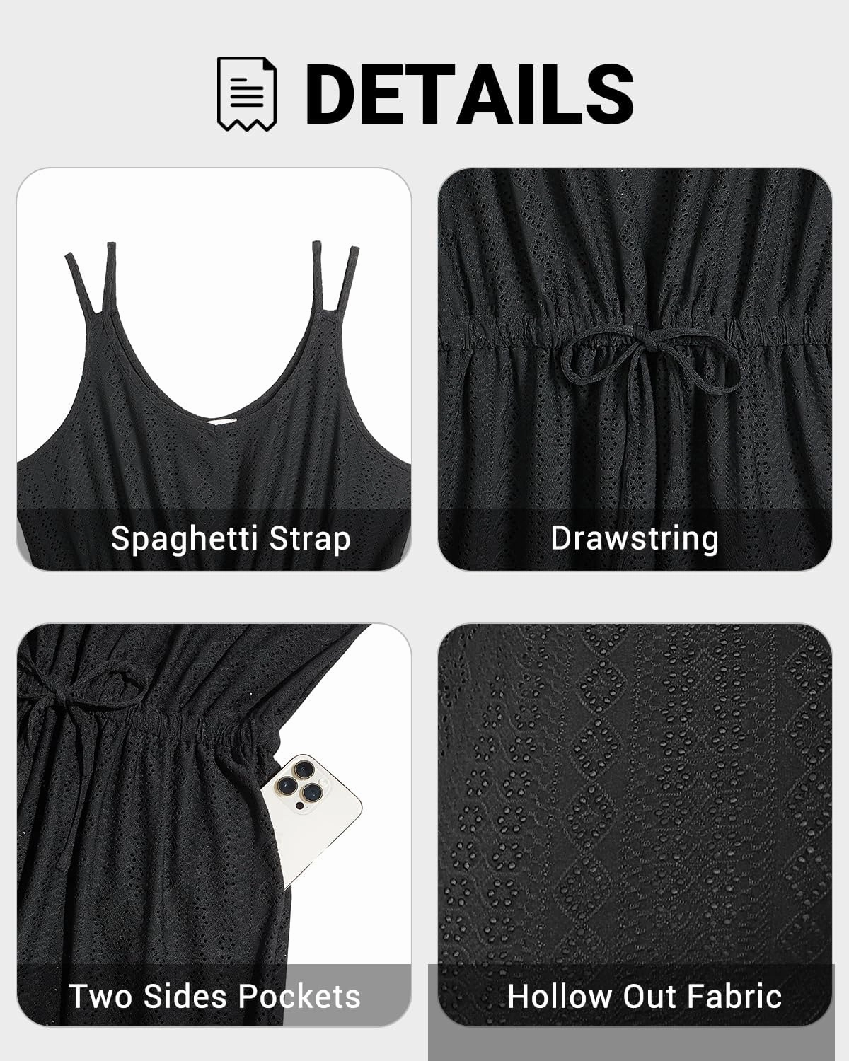 Plus Size Swimsuit Cover Ups - Women Hollow Out Spaghetti Strap Beach Coverup Dress with Pockets