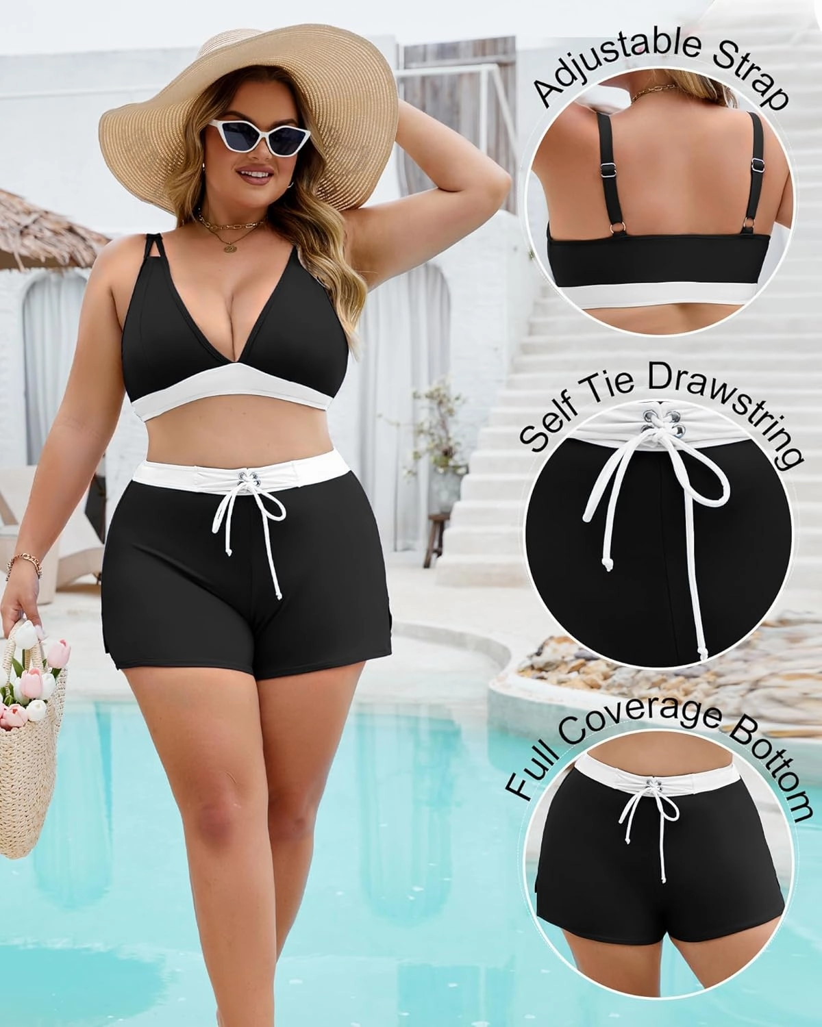 Plus Size Swimsuit for Women High Waisted Bikini Sets with Shorts Modest Two Piece Bathing Suit Tummy Control