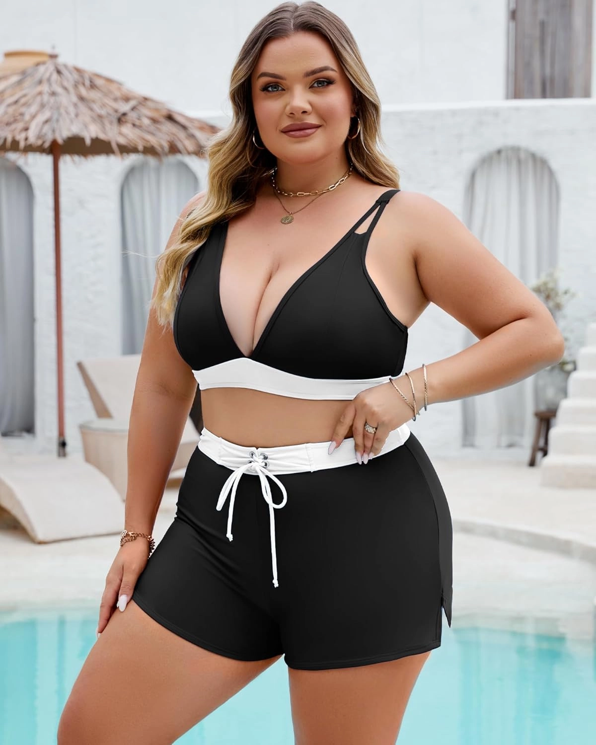 Plus Size Swimsuit for Women High Waisted Bikini Sets with Shorts Modest Two Piece Bathing Suit Tummy Control