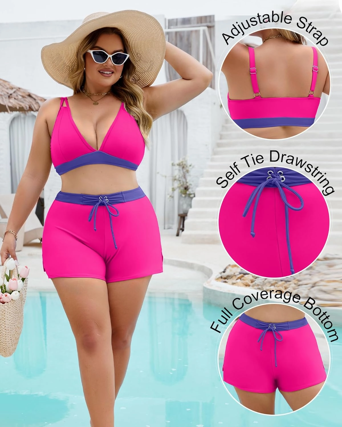Plus Size Swimsuit for Women High Waisted Bikini Sets with Shorts Modest Two Piece Bathing Suit Tummy Control