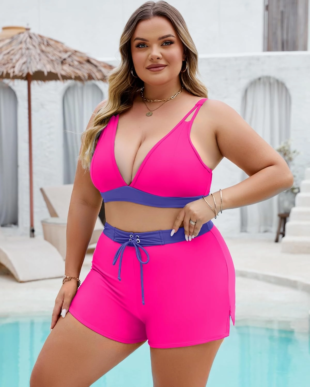 Plus Size Swimsuit for Women High Waisted Bikini Sets with Shorts Modest Two Piece Bathing Suit Tummy Control