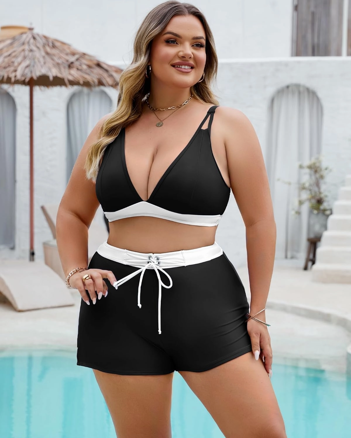 Plus Size Swimsuit for Women High Waisted Bikini Sets with Shorts Modest Two Piece Bathing Suit Tummy Control
