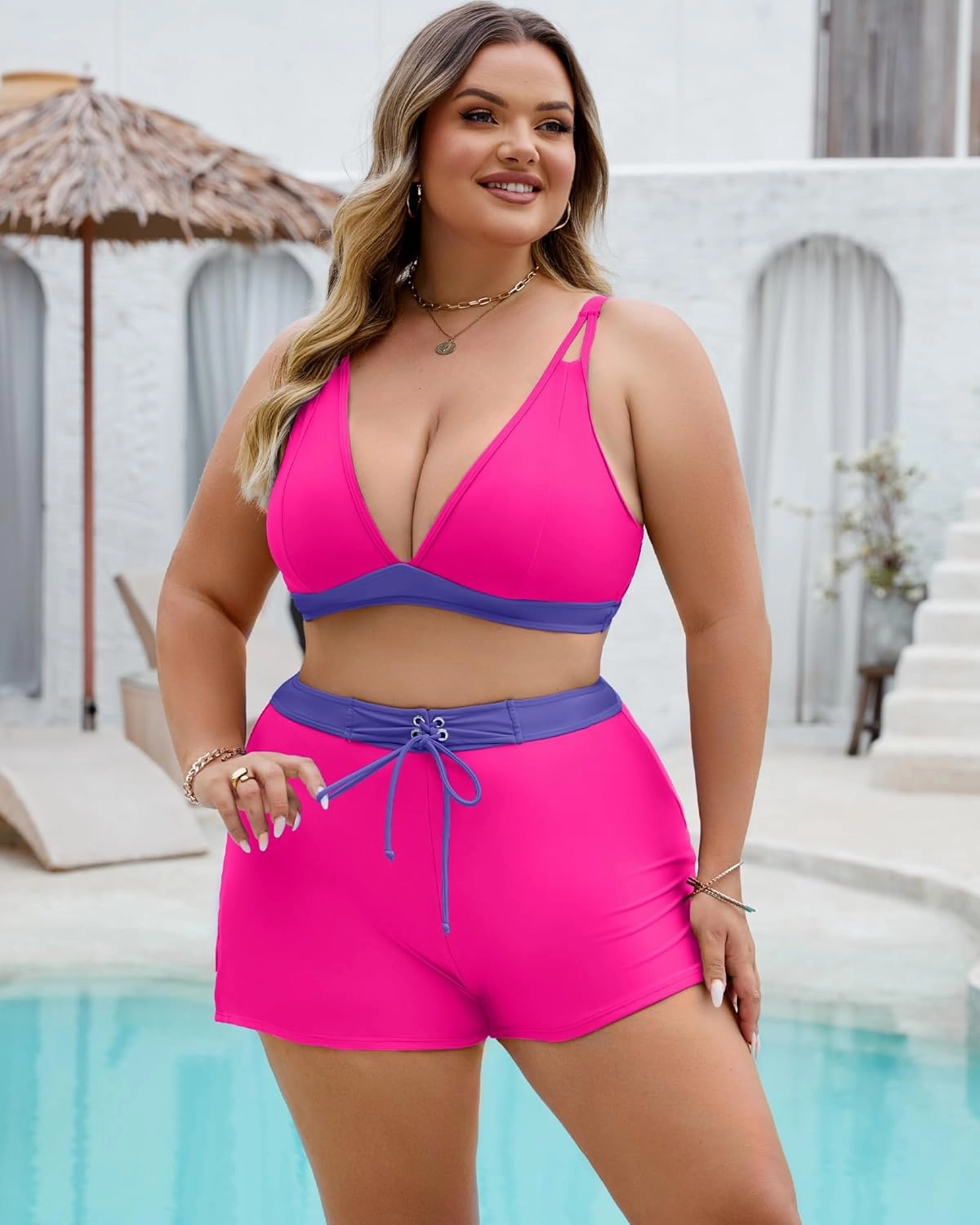 Plus Size Swimsuit for Women High Waisted Bikini Sets with Shorts Modest Two Piece Bathing Suit Tummy Control