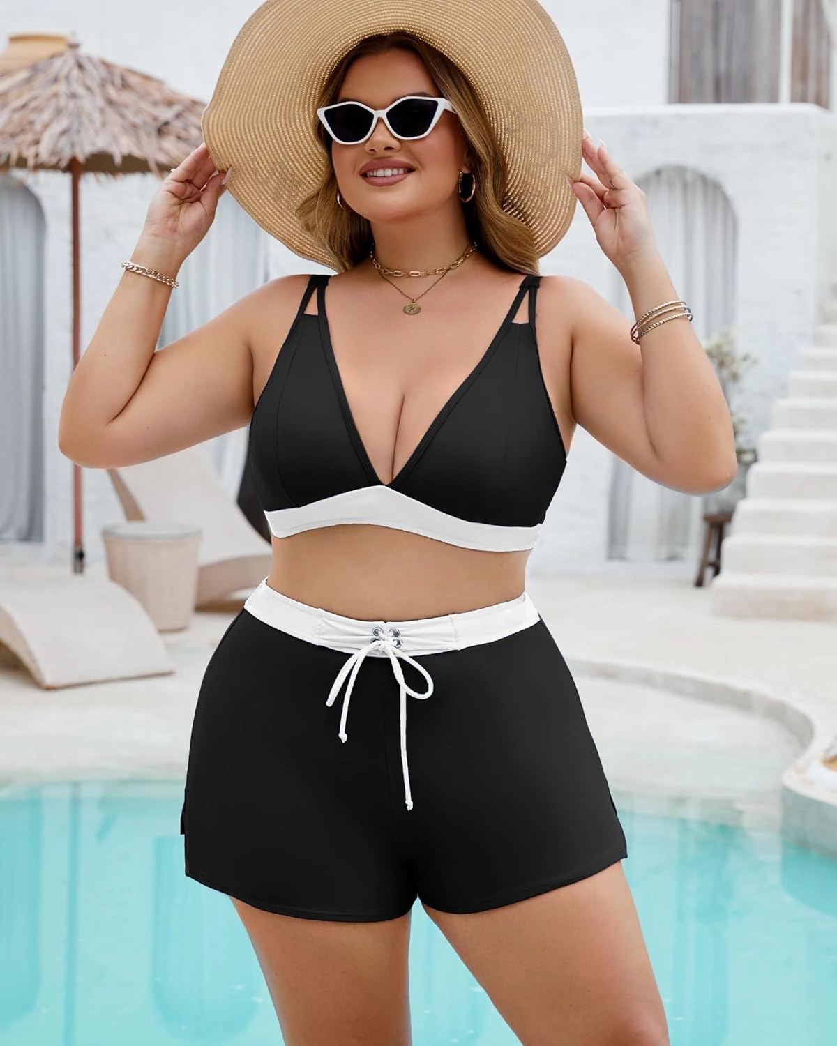 Plus Size Swimsuit for Women High Waisted Bikini Sets with Shorts Modest Two Piece Bathing Suit Tummy Control