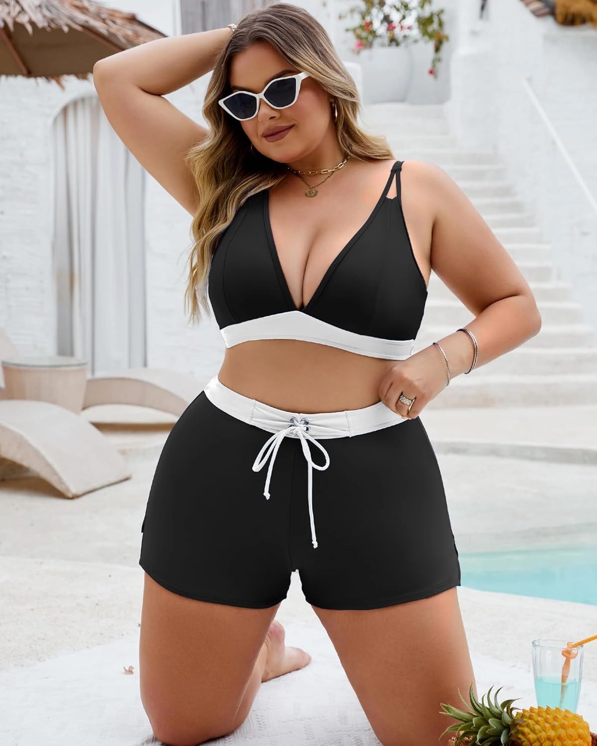 Plus Size Swimsuit for Women High Waisted Bikini Sets with Shorts Modest Two Piece Bathing Suit Tummy Control