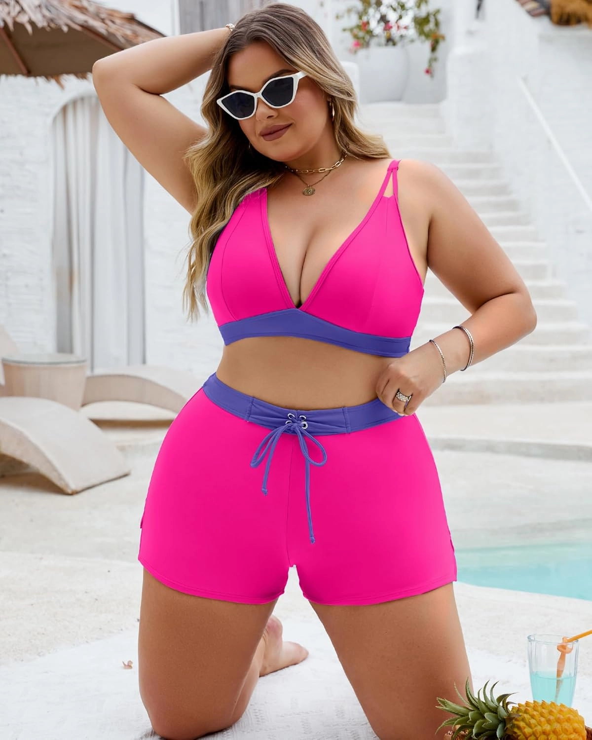 Plus Size Swimsuit for Women High Waisted Bikini Sets with Shorts Modest Two Piece Bathing Suit Tummy Control