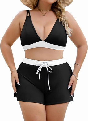 Plus Size Swimsuit for Women High Waisted Bikini Sets with Shorts Modest Two Piece Bathing Suit Tummy Control
