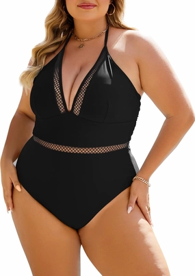 Plus Size Swimsuit for Women One Piece Tummy Control Bathing Suit Halter Backless Slimming Mesh Color Block Modest
