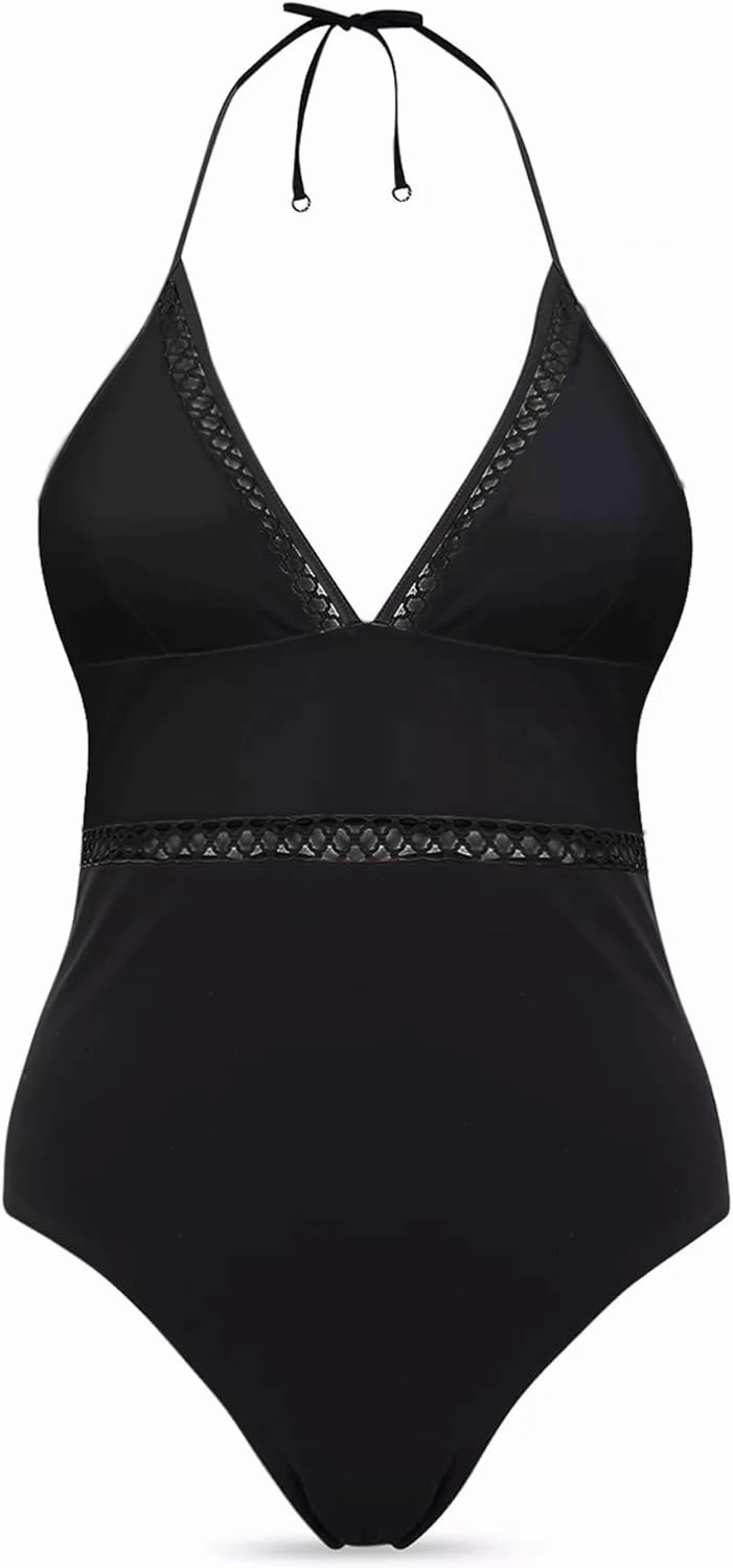 Plus Size Swimsuit for Women One Piece Tummy Control Bathing Suit Halter Backless Slimming Mesh Color Block Modest
